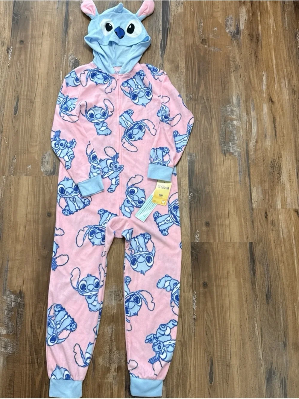 Disney Pink & Light Blue Stitch Fleece Hooded Kids One-Piece Pajamas